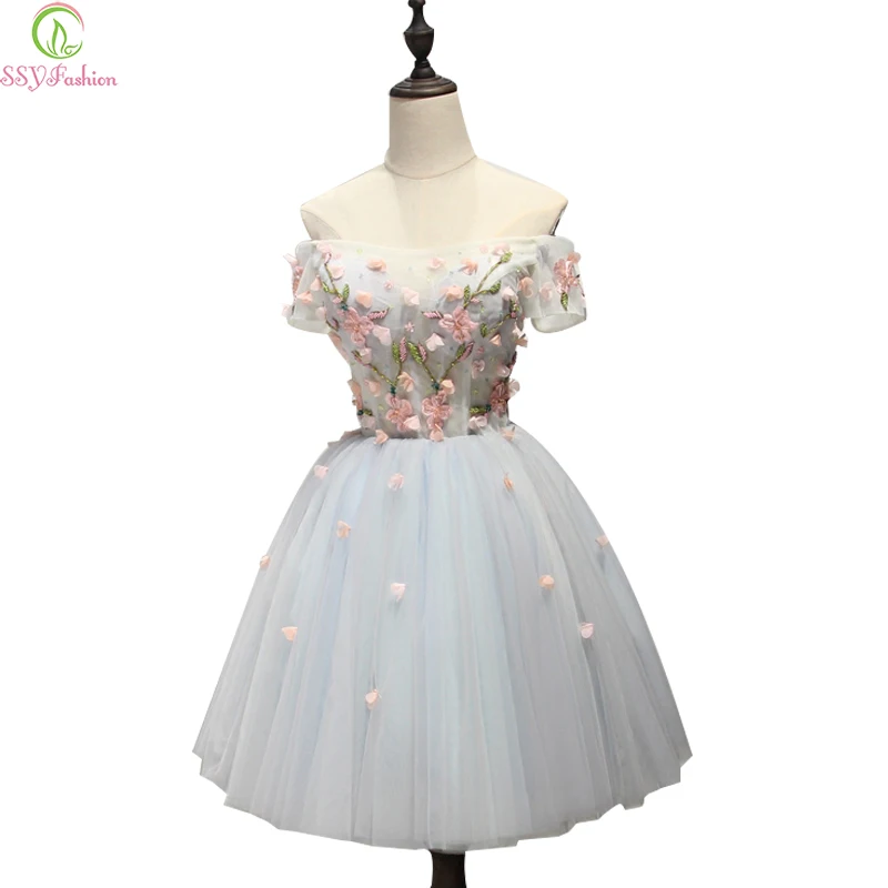 

SSYFashion new sweet lace flower short sisters Bridesmaid bride banquet boat neck mini a-line appliques party gown custom