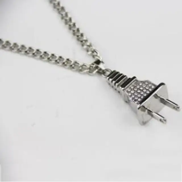 Gold Silver Fashion Crystal Electrical Plug Pendant Necklace Unisex