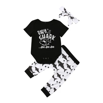 

3Pcs 0-18 Months Infant Newborn Baby Girls Boys Clothing sets Shark Romper+Pants+ Headband Clothes Outfit
