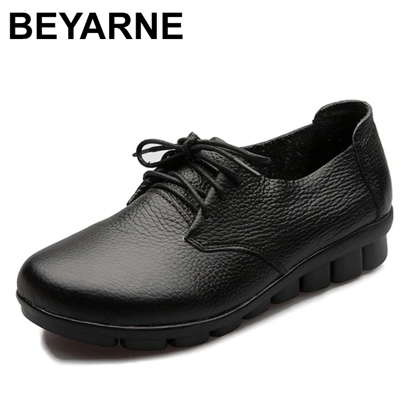 

BEYARNE Autumn New Fashion Genuine Leather Flat Shoes Women Non-slip shoes Solid Black Brown Soft Shoes Mom Office Work Pregnant