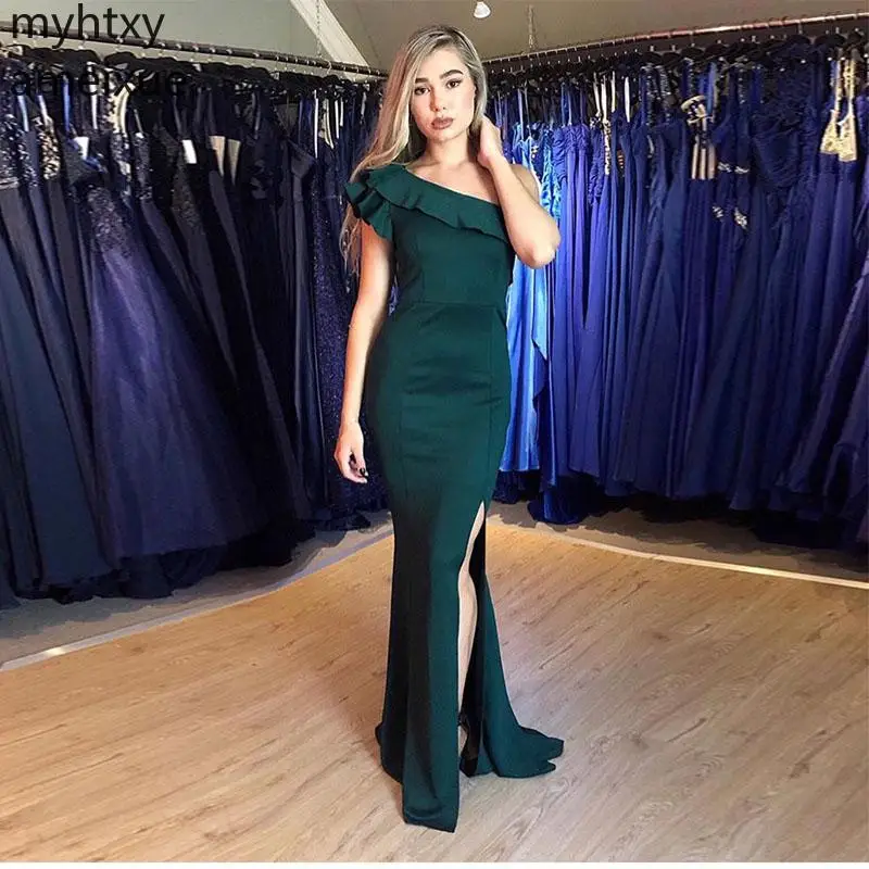 Custom Simple One Shoulder Event Evening Dress Ruffles Forest Green Satin Mermaid Style Robe De Soiree Long Side Special Gowns | Свадьбы и