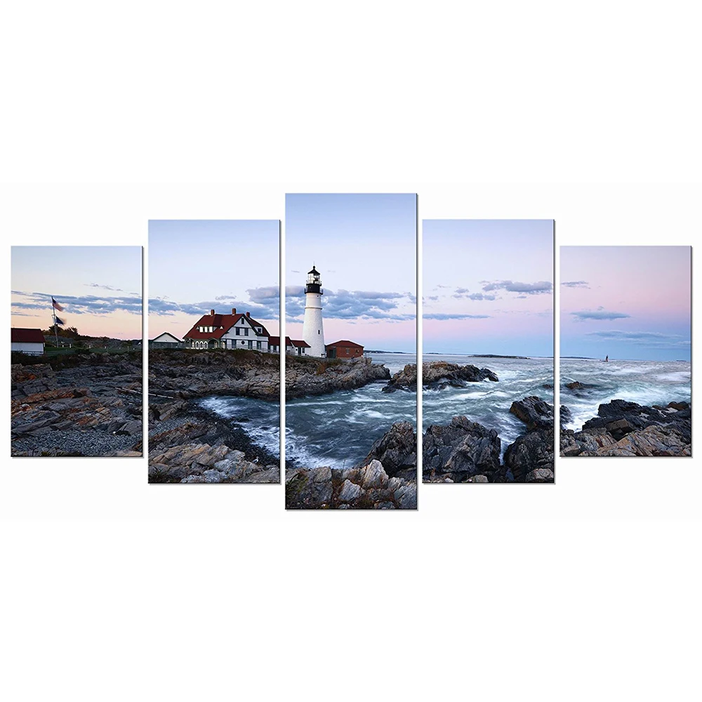 Portland Lighthouse 5 Panels Modern Canvas Prints Artwork Seascape Pictures to Photo Paintings on Stretched and Framed Canvas Wa