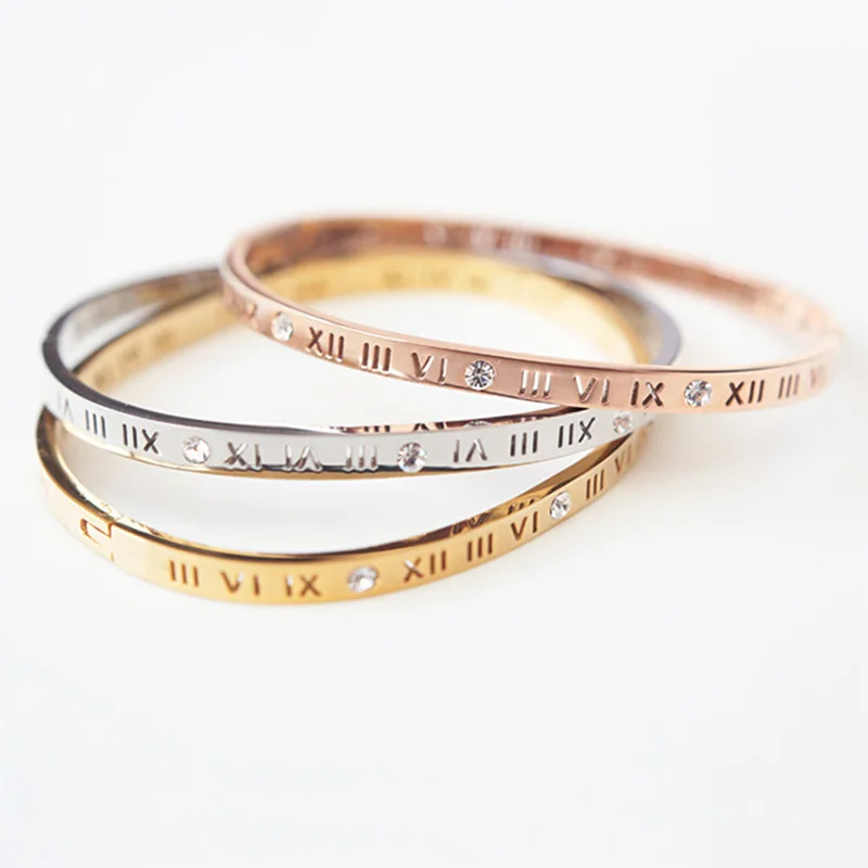 

2018 Fashion Titanium Steel Rome Number Rhinestone Bracelets Jewelry for Women Men Lover Bangle Bracelets Pulseiras Bangles B075