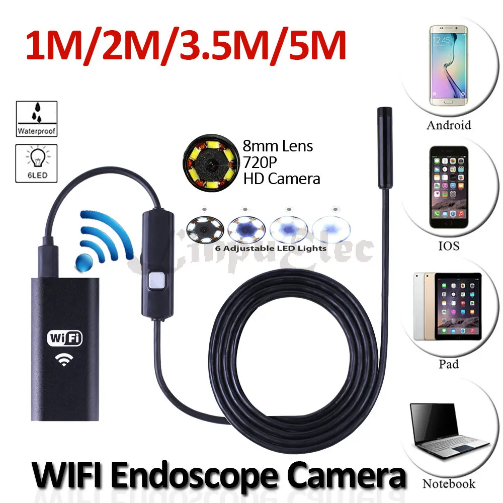 WIFI Iphone Android USB Endoscope Camera 8mm Lens 5M 3.5M 2M 1M HD720P