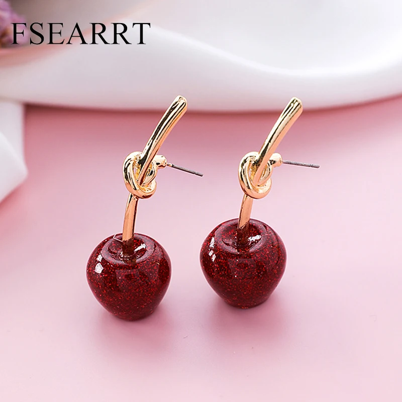 Прекрасный Red Cherry Серьги блестка мерцание золота Цвет вишня гвоздики для женщина