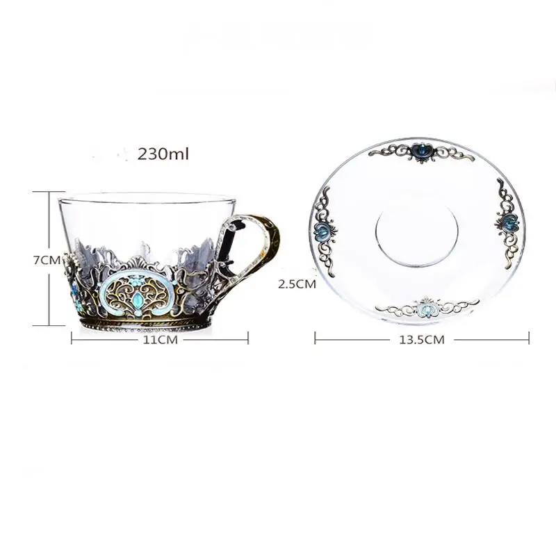 Emaille Transparent Glas Kaffee Tee Becher Blau Rosen Wärme-Beständig Tasse Set mit Edelstahl Löffel Bahn und Wischen tuch