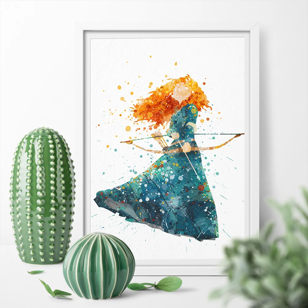 

Watercolor Cartoon Princess Beauty Merida Cute Girl Wall Art Canvas Poster Print Canvas Painting Sticker Home Decor