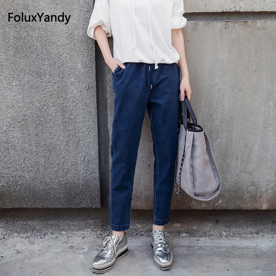 

Brand New Loose Jeans Women Plus Size 3 4 5 XL Casual Elastic Waist Denim Pencil Pants Trousers Blue MYNN34