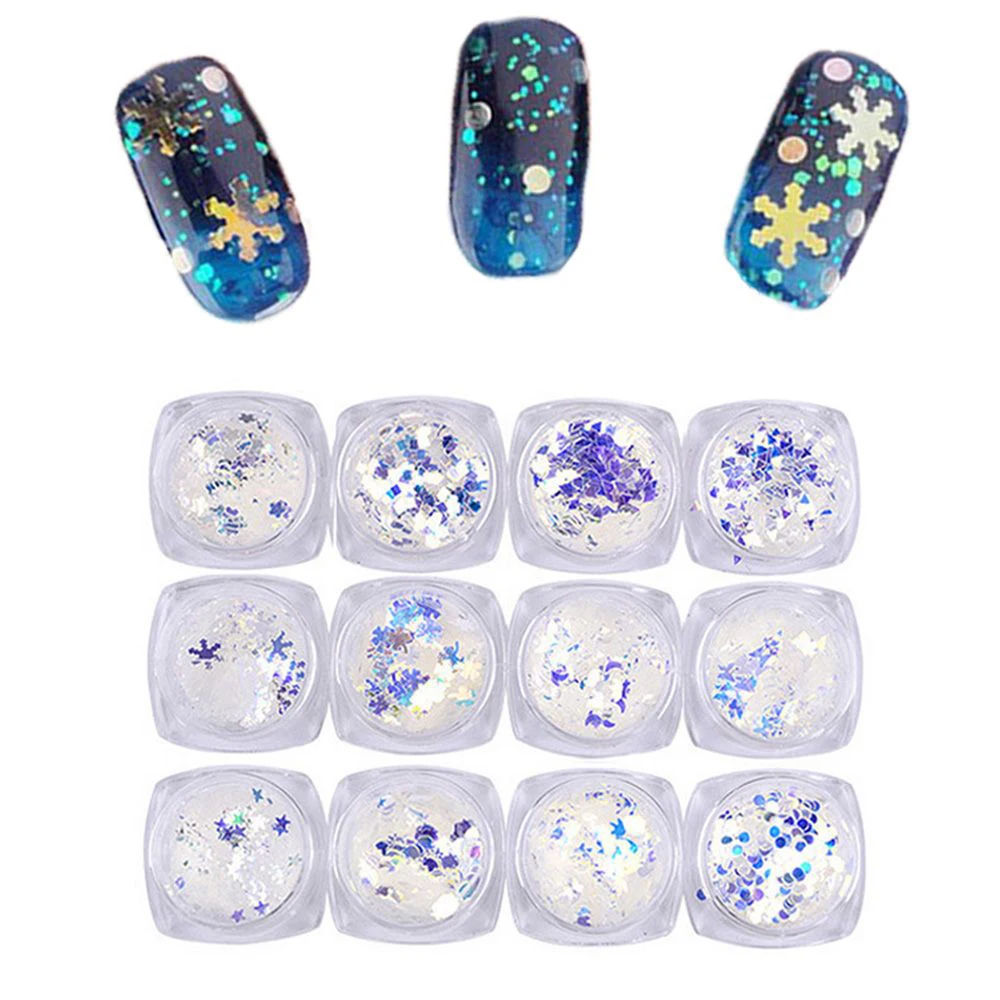 

12 Box/Set Nail Dec Snowflakes Moon Star Sequins Laser Color Nails Glitter Thin Paillette Stickers Women Nail Art Tools