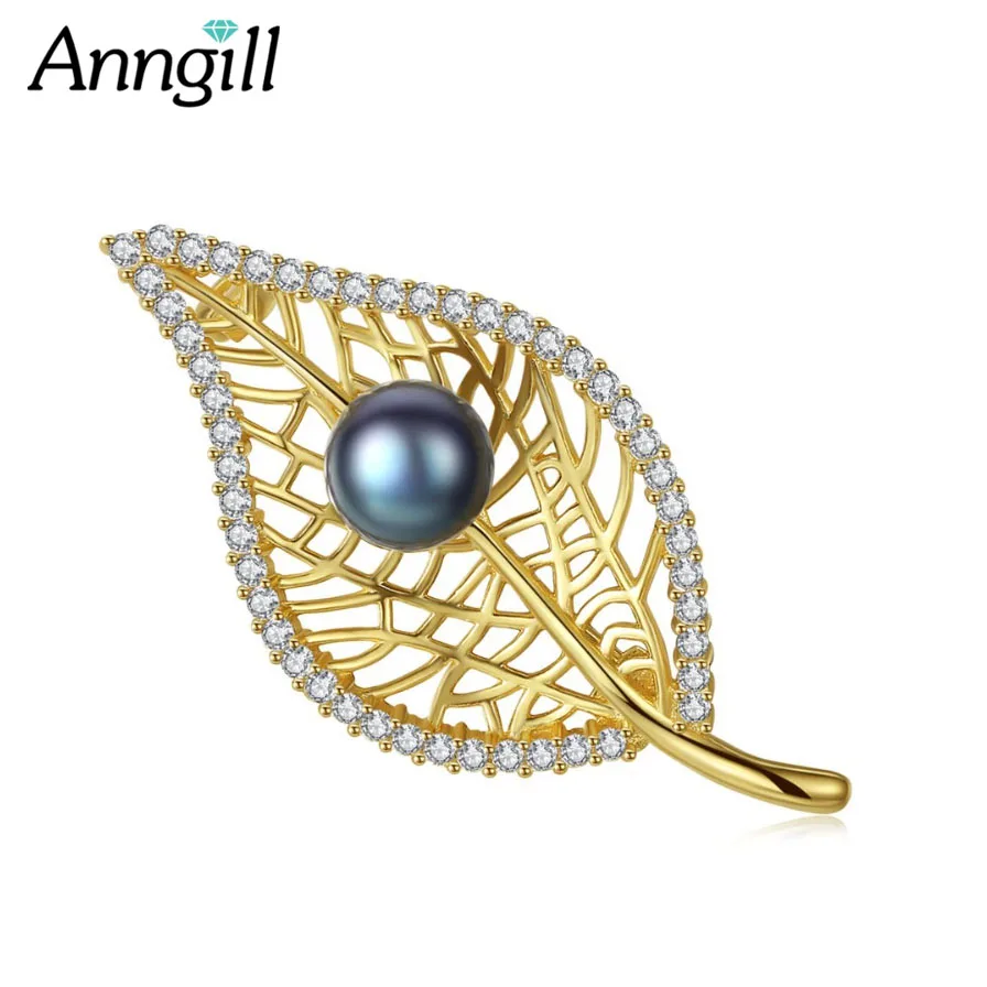 

ANNGILL Real 925 Sterling Silver Brooch Pins 8mm Natural Pearl Leaf Brooch Wedding Accessories High Quality Fashion Jewelry