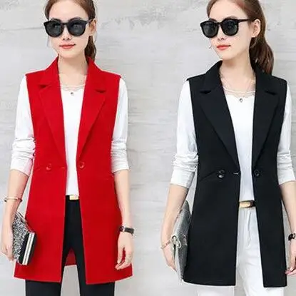 Women Elegant Sleeveless Lapel Long Cardigan Jacket Coat Suit Waistcoat Vest 2XL