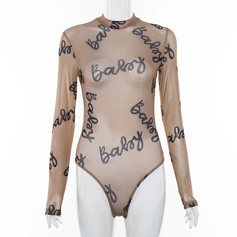 Cryptographic Transparent Mesh Bodysuit Bodycon Sexy Jumpsuits Slim Long Sleeve Women Tops Letter Print Fashion Body Clothes bodysuit top Bodysuits