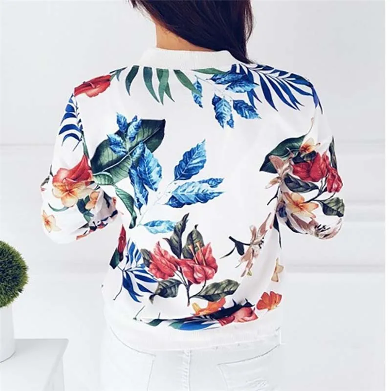 Fashion Autumn Women Floral Prints Jacket Coat XXL Flower Coats Zipper Long Sleeve Jacket Outwear Casual Tops White Blue New