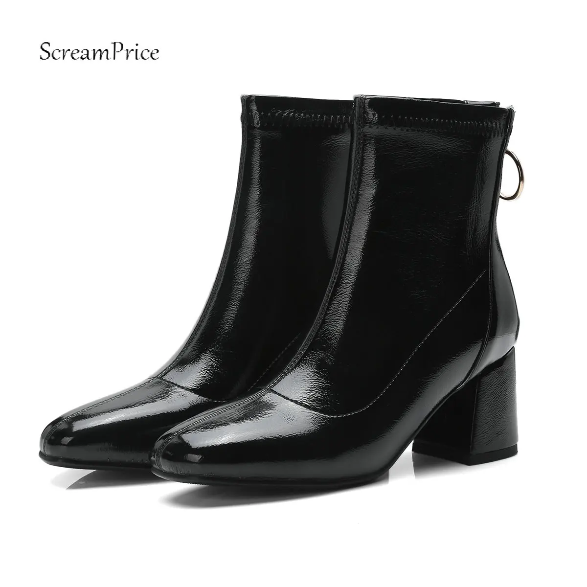 

Plus Size Women Square Toe Heel Boots Fashion Patent Leather Ankle Boots Thick High Heel Boots Zipper Autumn Winter Ladies Shoes