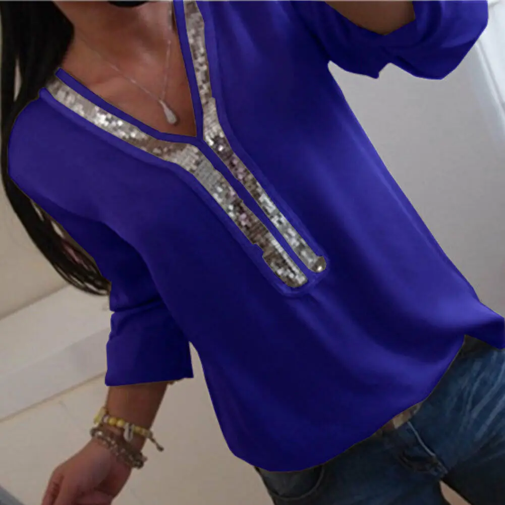 Модные женские туфли женские с длинным рукавом Свободные Клубная блуза Лето V шеи Повседневная рубашка Топы Черный Белый Хаки Синий - Цвет: Синий
