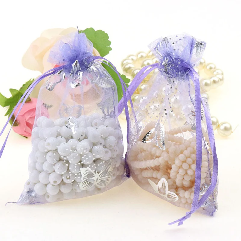 100pcs Butterfly Design Jewelry Bag Packaging Drawable Organza Bags Christmas Baby Shower Birthday Gift Bags Candy Pouches 7*9cm
