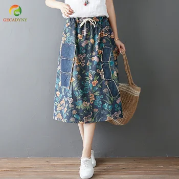

Student Ethnic Style Elastic Waist Vintage Literary Print Floral Patchwork Denim A-Line Skirt Saia Girls