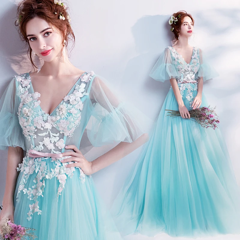 Mint Green Prom Dress Girls V-neck Half Sleeves Lace Applique Evening Gown