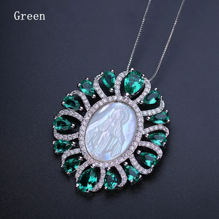 Семь цветов, голубое зеленое ожерелье с кулоном Девы Марии, кубический цирконий, жемчужное ожерелье с кулоном с кристаллами для женщин PGY001