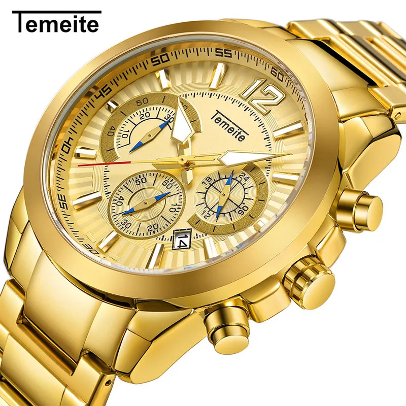 

TEMEITE men's luxury gold wristwatches quartz stainless steel mens watch Multifunction waterproof calendar Chronograph man clock