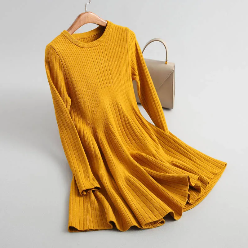 J820 женское осеннее платье-свитер с круглым вырезом, длинным рукавом, тонкой талией и большим низом, корейская мода, подходит ко всему, вязанное платье