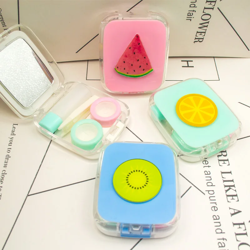 

Lovely Travel Pocket Storage Contact Lens Case Holder Container Fruit Style Square Lens Box with Mirror contact lens Travel kit