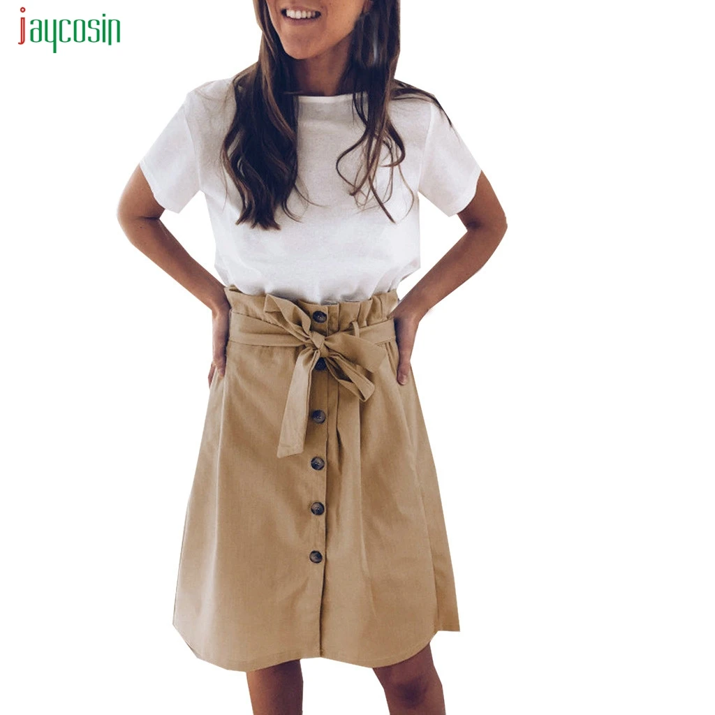 

Jaycosin Fashion Women Khaki Skirt Vintage Work Office Ladies Skirt With Belt Mujer Retro Knee-length Strap Bow Button Skirts