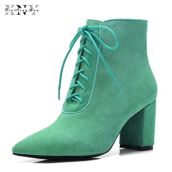 

Xiuningyan Luxury Women Boots Genuine Leather Ankle Boots for Women Lace Up Zip Pointed Toe High Heel Women Chelsea Boots Woman