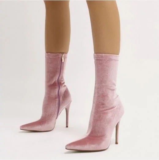 Botas de terciopelo para mujer, Botines de tacón de aguja puntiagudos,  sandalias de gladiador ajustadas de tacón alto, con cremallera lateral,  color rosa|Botas hasta el tobillo| - AliExpress