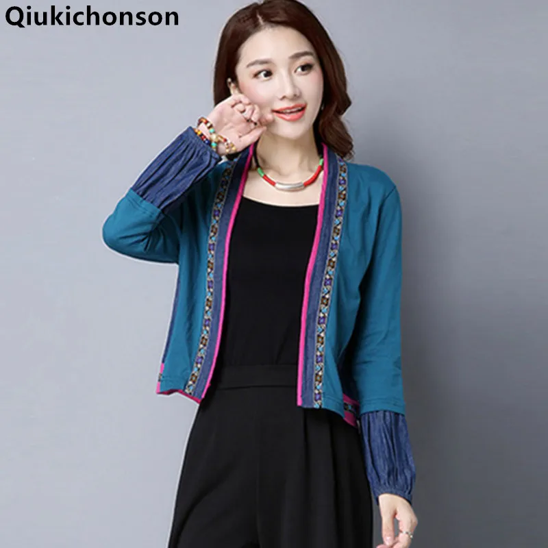 Qiukichonson женский кардиган с длинным рукавом, весна-лето, Женские винтажные этнические джинсовые кардиганы с вышивкой в стиле пэчворк, женские топы