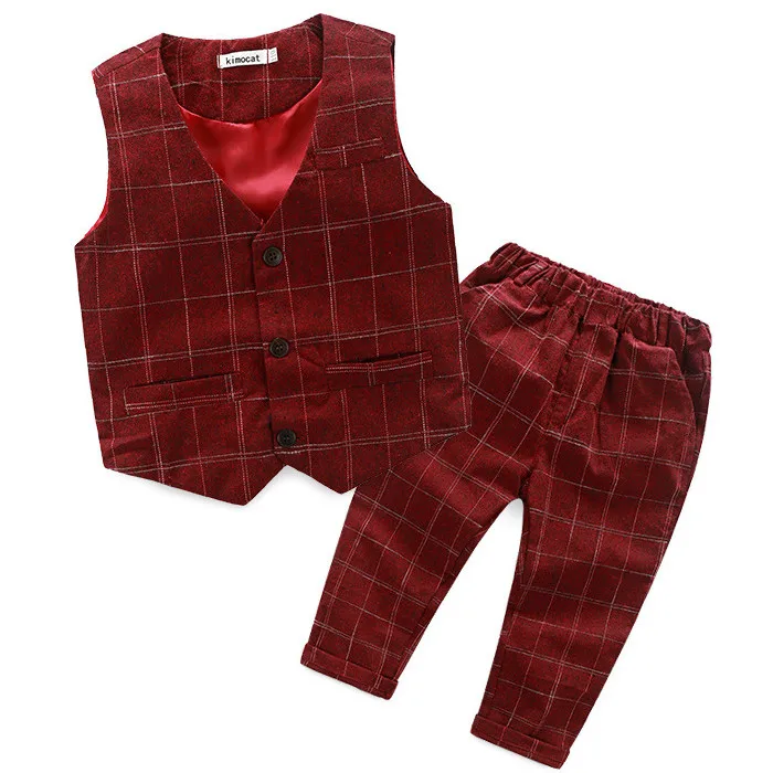 Одежда для детей г., осенний комплект в британском стиле для мальчиков, детский клетчатый жилет+ брюки с поясом, Костюм Джентльмена - Цвет: red