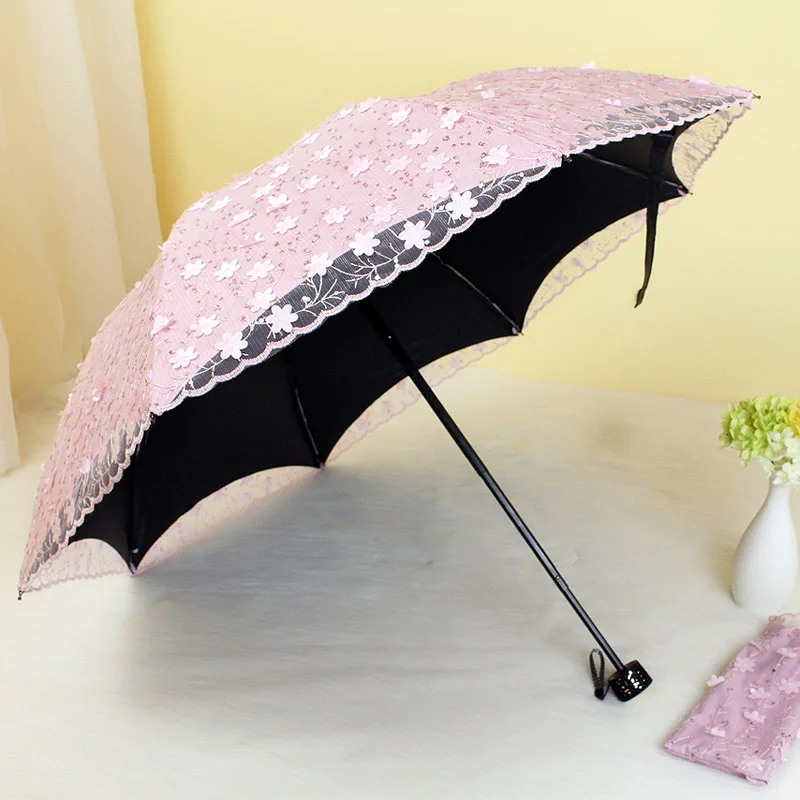 

Double-layer lace sun umbrella embroidery rain dual-use sunshade sun protection UV umbrella black plastic stereo embroidery