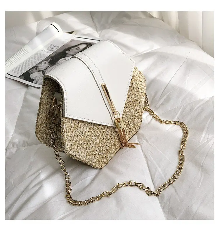 S. IKRR дизайн шестигранные соломенные сумки для женщин Летняя мода кисточкой цепи сумка на плечо, Изготовленная вручную из ткани и кожи Лоскутная простая сумочка