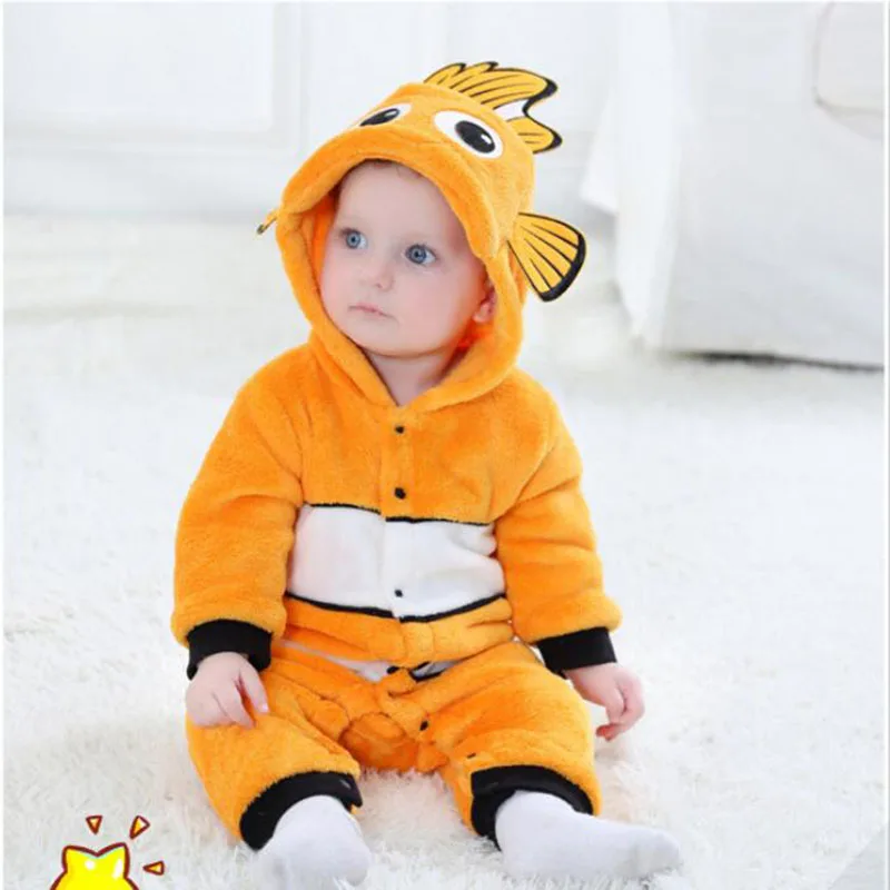 

2018 Baby Unisex Onesie Clownfish Cosplay Flannel Warm Cute Animal Kids Jumpsuits Pajamas Winter Costume Yellow Cartoon Rompers