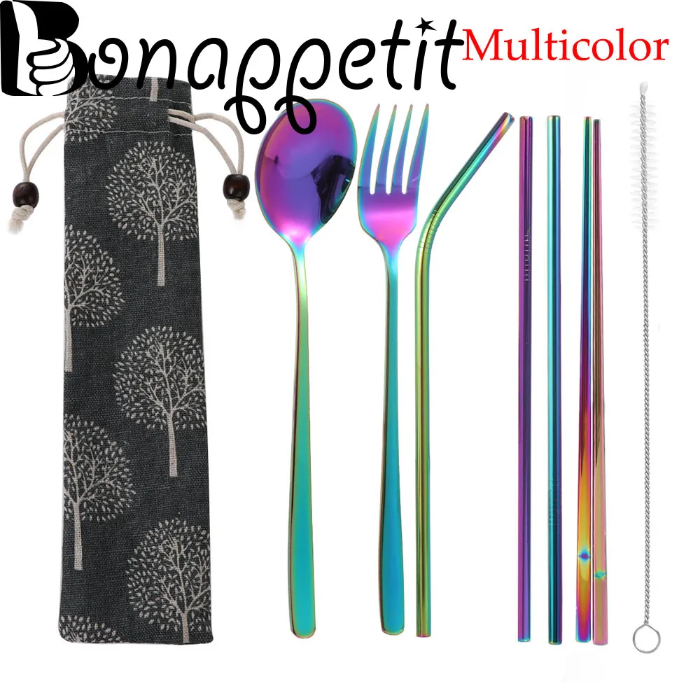 

7PCS/Set Reusable Stainless Steel Straw Portable Spoon Fork Chopsticks Set Travel Outdoor Dinnerware Set With Pack