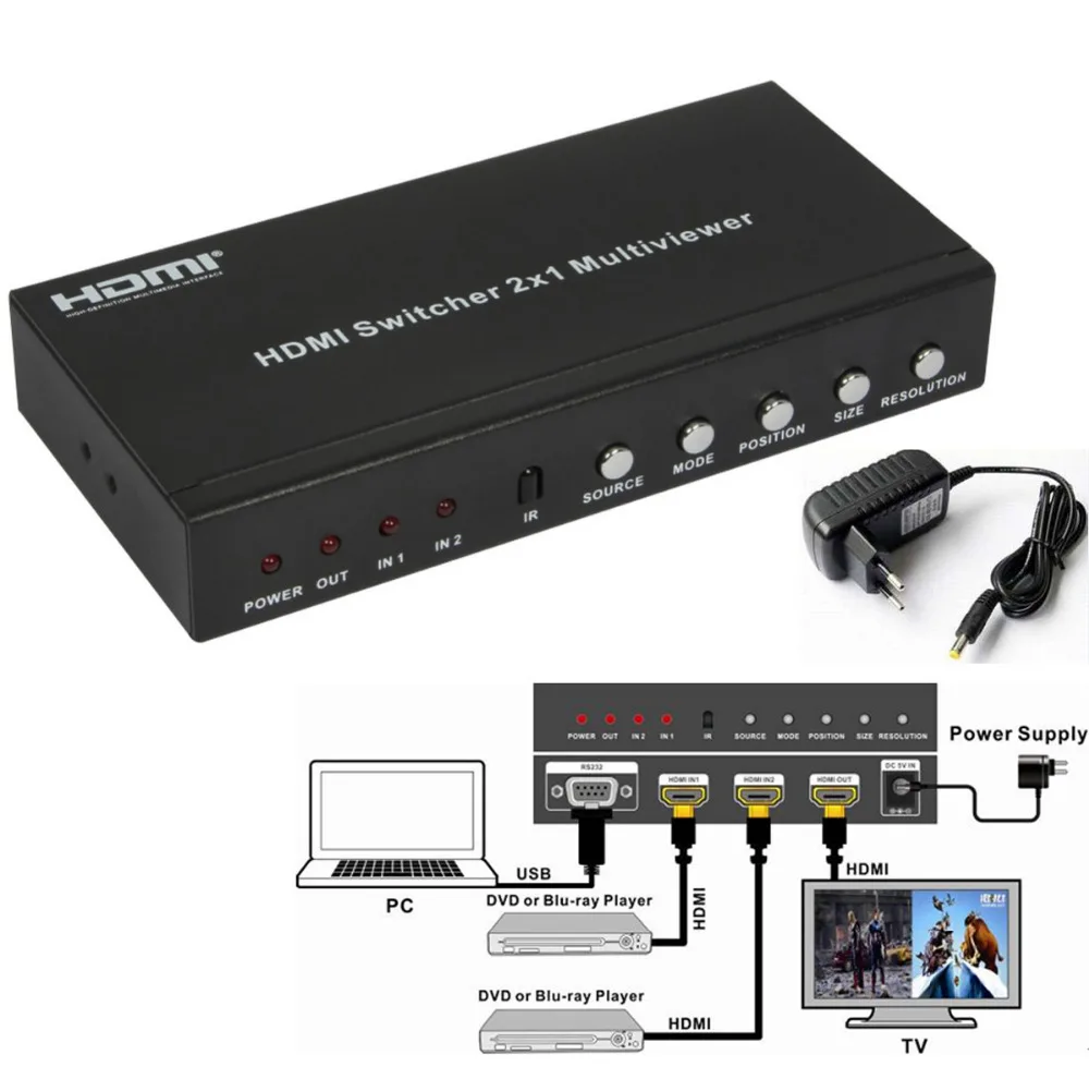 

Quality V1.3 2x1 HDMI Multi-Viewer Box 1080P 2 In 1 out HDMI Switch Support HDCP 1.2 PIP Can display on one screen in 4 modes