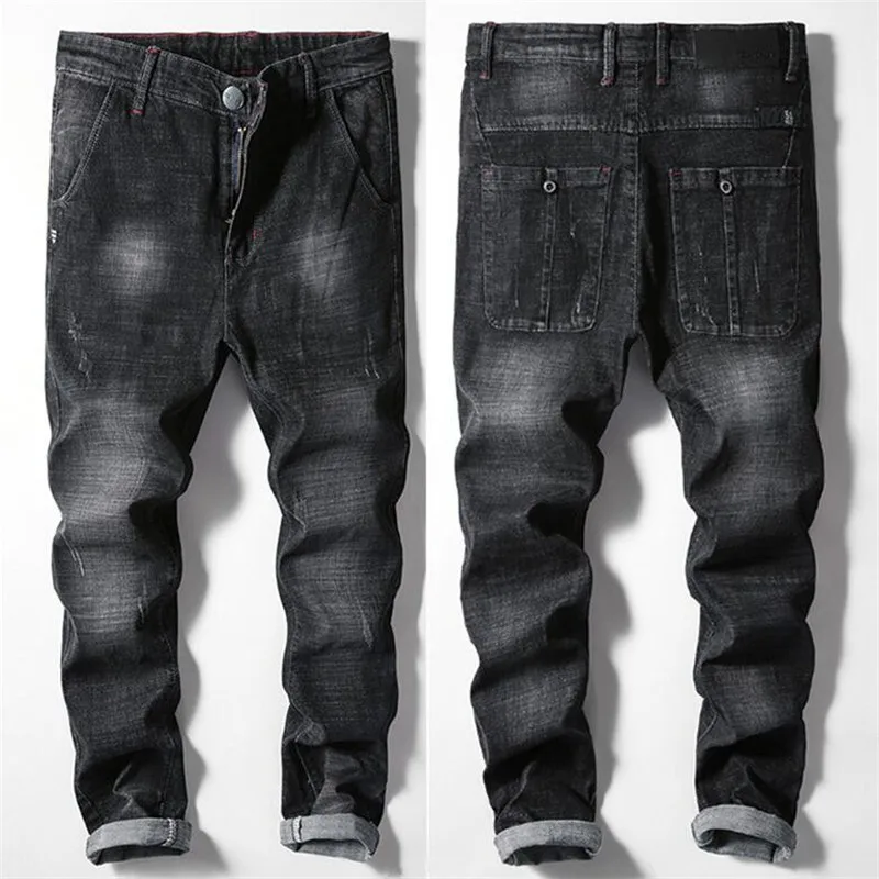 

Japan Style 2018 Men's Casual High Quality Black Mid-Waist Distressed Pleated Jeans Pencil Pants Denim Pants Stretch Trousers