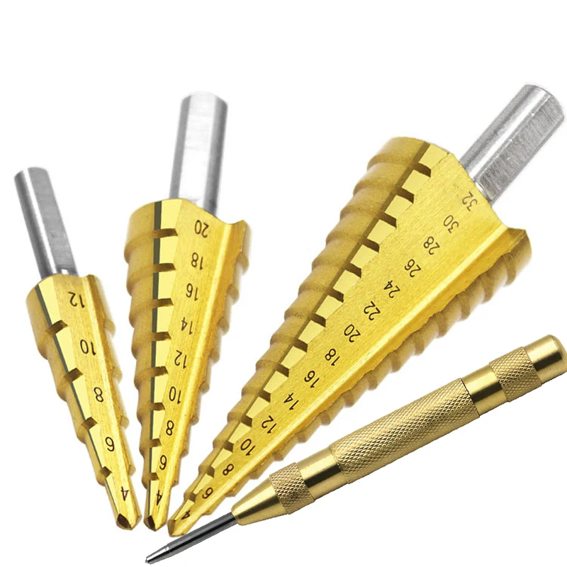 Step Drill Bit HSS Steel Cone Titanium Coated Woodworking Drill Bits Tool Set Hole Cutter 4-12 4-20 4-32 10-45mm Center Punch Step Drill Bit HSS Steel Cone Titanium Coated Woodworking Drill Bits Tool Set Hole Cutter 4-12 4-20 4-32 10-45mm Center Punch