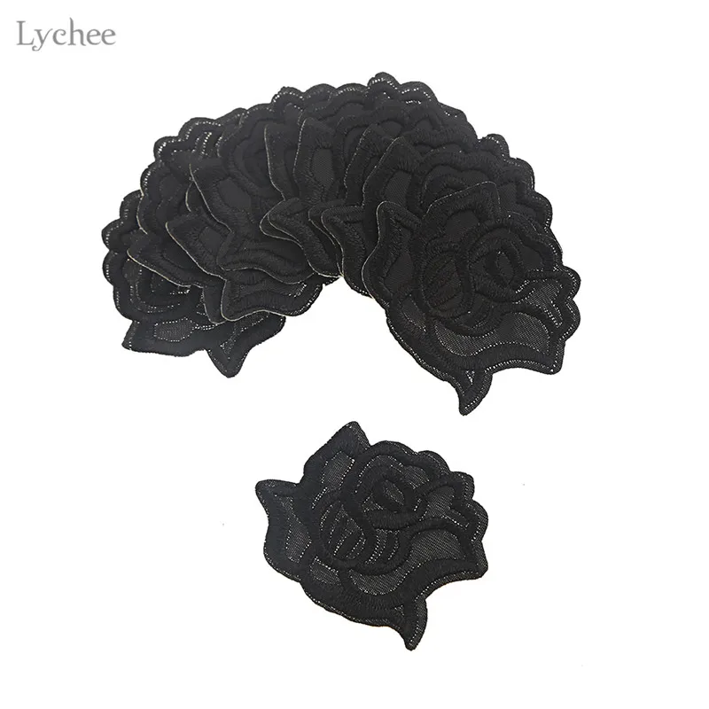 

Lychee 10pcs Embroidered Black Rose Flower Patch Clothes Stickers Iron On Applique DIY Apparel Sewing Clothing Accessories