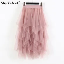 Нерегулярные Длинные Тюлевая юбка женщина Весна Высокий Низкий A-Line слоистых плиссированные сетки пачка юбки розовый серый черный абрикос