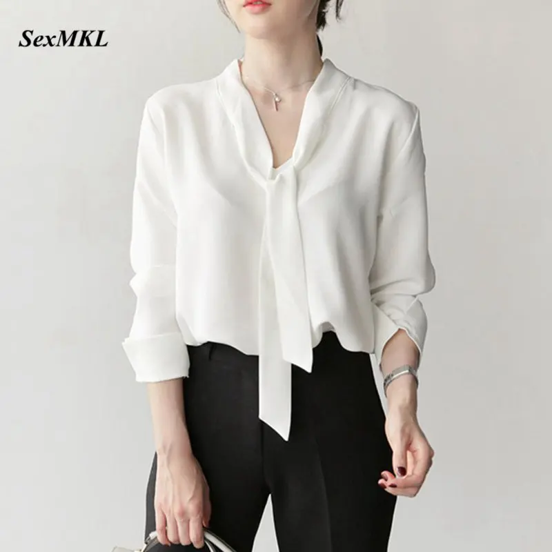 

SEXMKL Women White Chiffon Blouse 2019 Spring Autumn Long Sleeve Blouses Korean Sexy Office Ladies Tops Streetwear Shirt Blusas