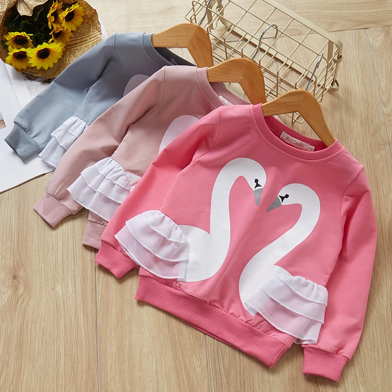 

Kids Girls Long-Sleeve Tops Tees 2019 Children Swan Cartoon pattern lace ornament Clothin Girls T-shirt Children Clothes