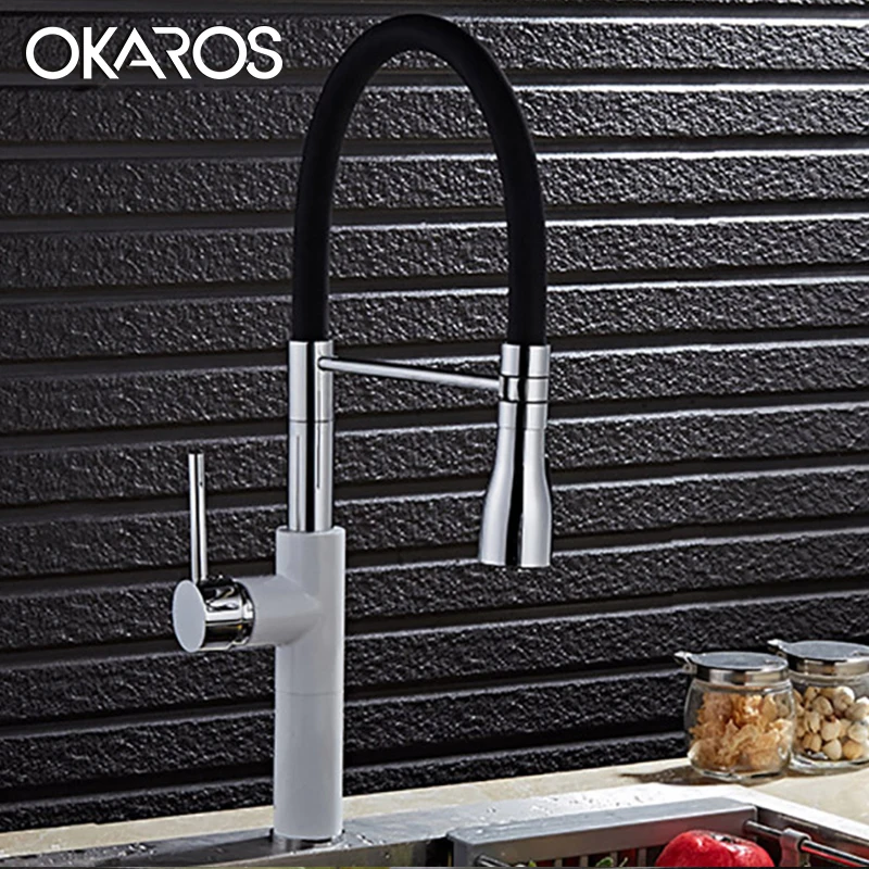 

OKAROS Kitchen Sink Faucet Pull Out Dual Sprayer Nozzle White Paint Chrome Finish 360 Degree Swivel Single Handle Mixer Tap