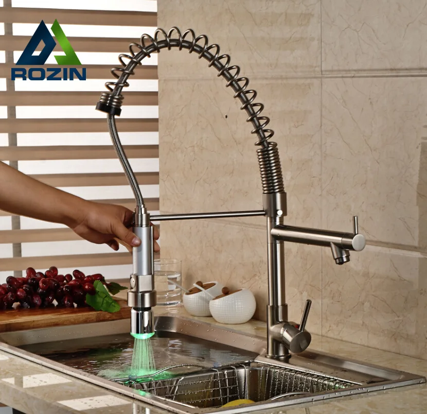 

LED Color Changing Tall Kitchen Sink Faucet Dual Sprayer Pull Down Spring Kitchen Mixer Taps Brushed Nickel Finish