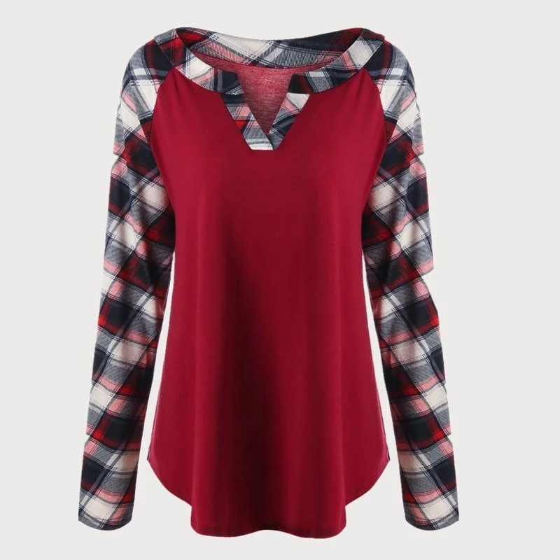 

Fashion Women V-neck Long Sleeve Top Casual Loose Patchwork T-shirts Autumn Plus Size Knitted Tops