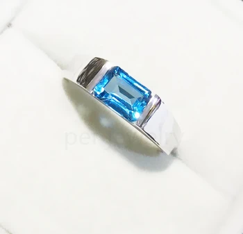 

Men ring Free shipping Natural real blue topaz rectangle rings 925 sterling silver Fine jewelry 1.25ct gemstone C991811