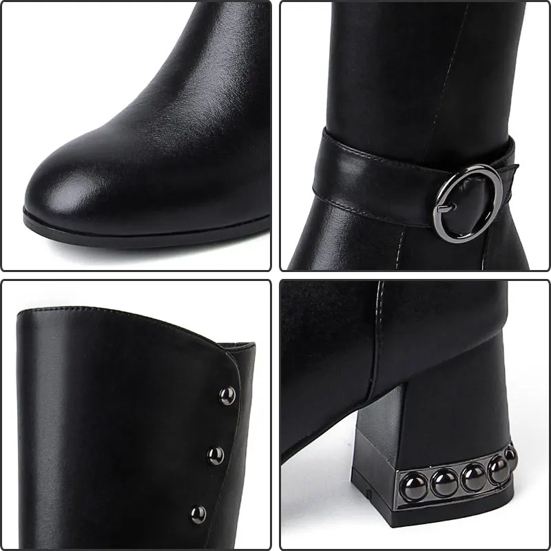 Zip En Noir Talon À Genou Moto Mode Black Chaussures Confort Véritable Femmes Ceinture Bottes Du Hauteur Cuir Boucle Fanyuan Haute Rivet qg0xzgP