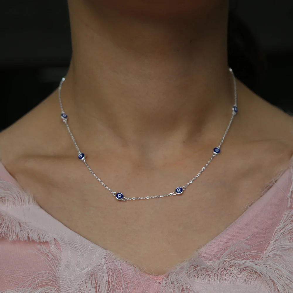 Genuine 925 Sterling Silver Necklace Turkey Round enamel Evil Eye Necklaces For Woman Chain Jewelry 2018