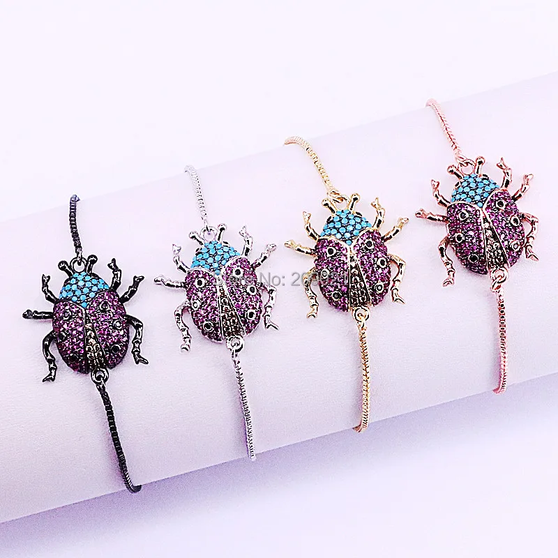 

New Design 10Pcs CZ Micro Pave Metal Insect Charm Connector Bracelets Adjustable Chain Macrame Bracelet Jewelry