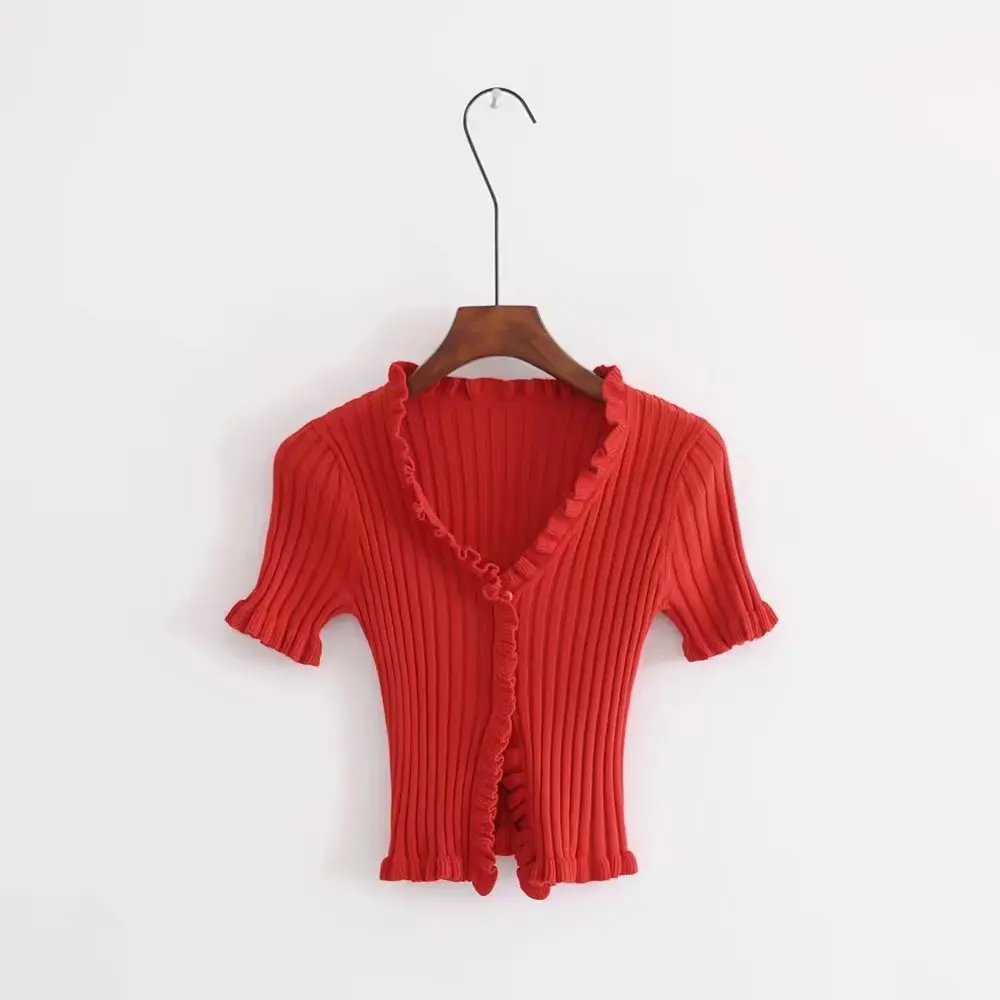 2019 Autumn Knit Sweater Female Women Ruffle Trim Crop Knit Cardigan With Short Sleeve Deep V Neck Crop Casual Jumper Pull Femme 2019 Autumn Knit Sweater Female Women Ruffle Trim Crop Knit Cardigan With Short Sleeve Deep V Neck Crop Casual Jumper Pull Femme